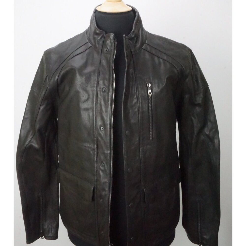 John Varvatos Dark Brown Heavy Leather Elbow Pad Moto Jacket Coat Sz 40 NEW
